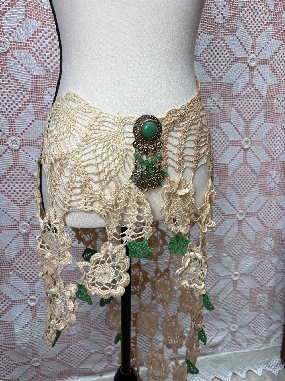 Crochet Floral Boho Hip Scarf Belt with Brooch - Picture 2 of 11